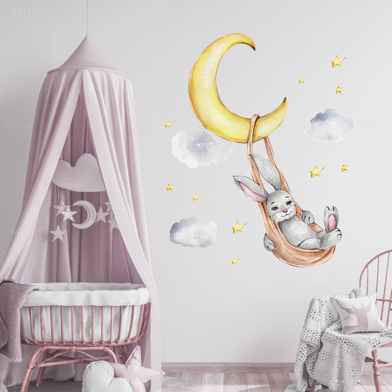 Stickers chambre bébé - Animaux touchant la lune