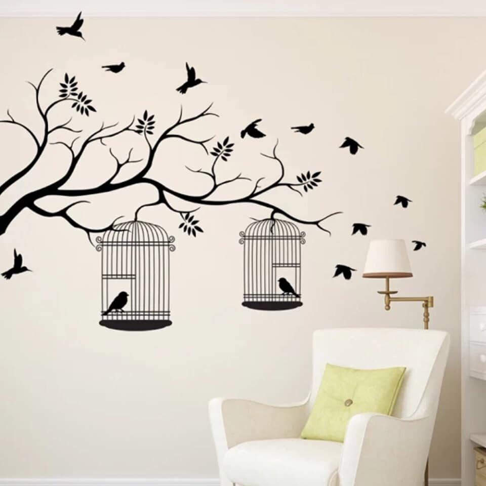 Stickers muraux oiseau sur un arbre Noir 72x42cm