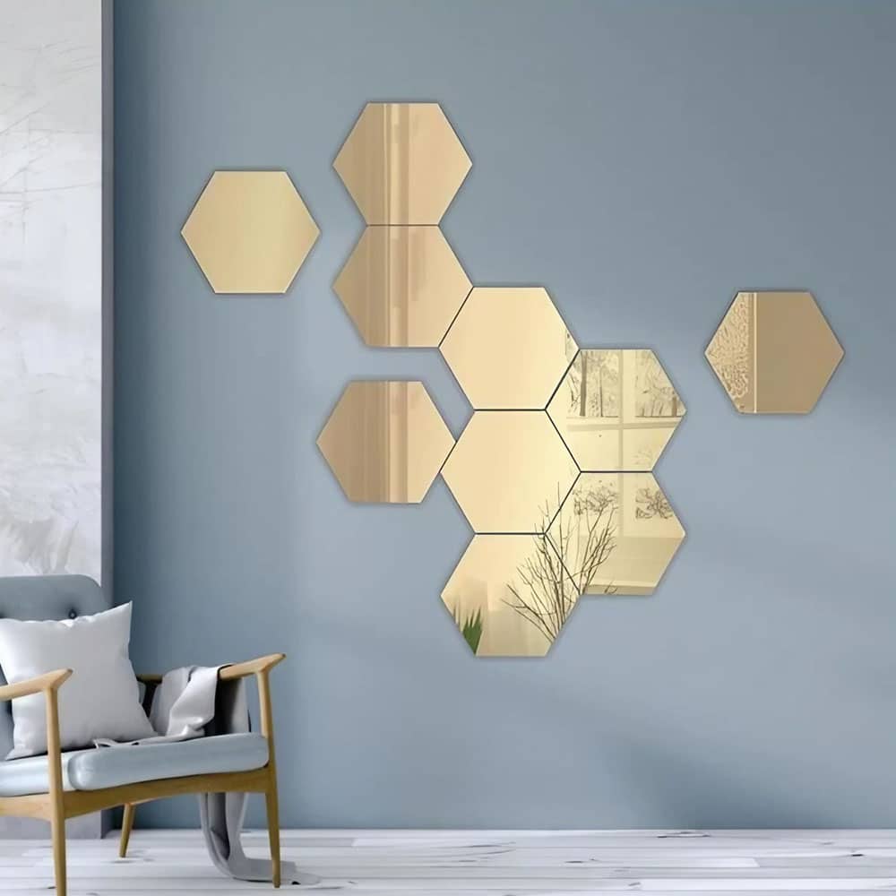 Stickers muraux miroir hexagonaux dorés ou argentés 24 pièces