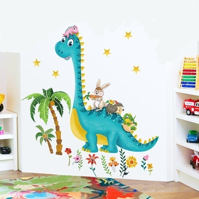 Stickers Mural Dinosaure avec des animaux sur son dos_2