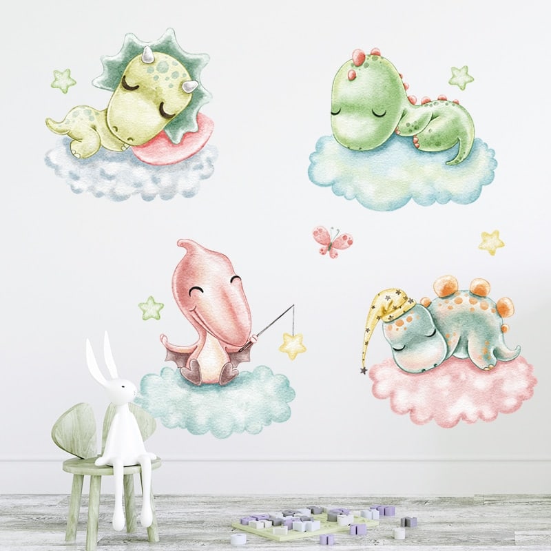 Stickers muraux de bébés dinosaures sur des nuages_1
