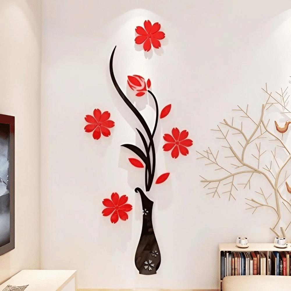 Stickers muraux 3D en cristal acrylique, décoration florale avec une vase