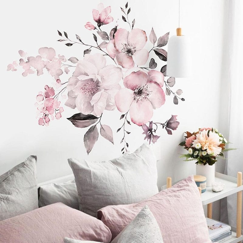 Autocollants muraux à fleurs roses en aquarelle, décoration de maison en PVC_1