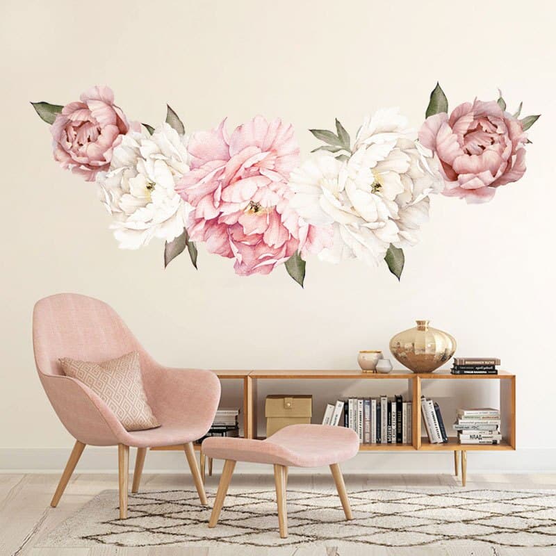 Stickers de décoration murale représentant de magnifiques fleurs de pivoines roses_3
