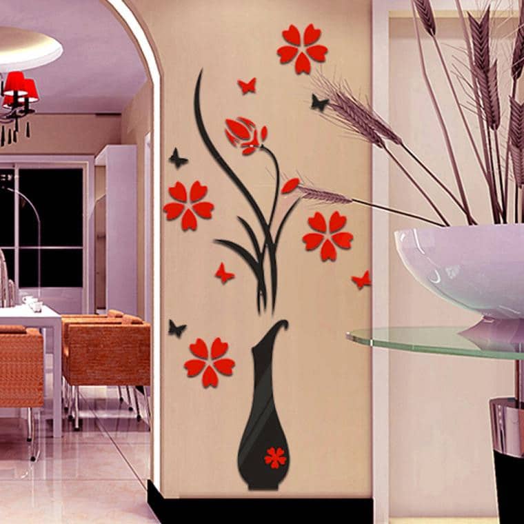 Stickers muraux 3D en cristal acrylique, décoration florale avec une vase_4