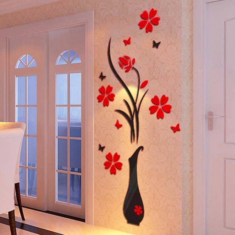 Stickers muraux 3D en cristal acrylique, décoration florale avec une vase_6