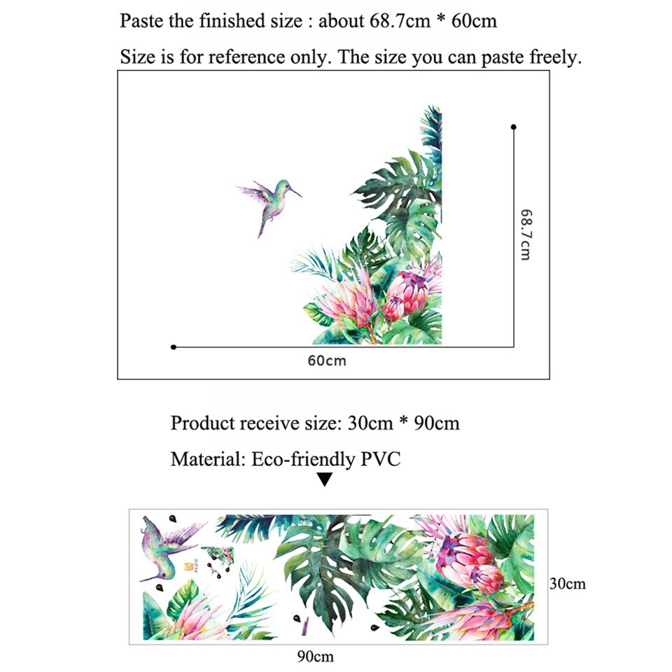 Stickers muraux amovibles avec fleurs et oiseau avec des feuilles tropicales_2