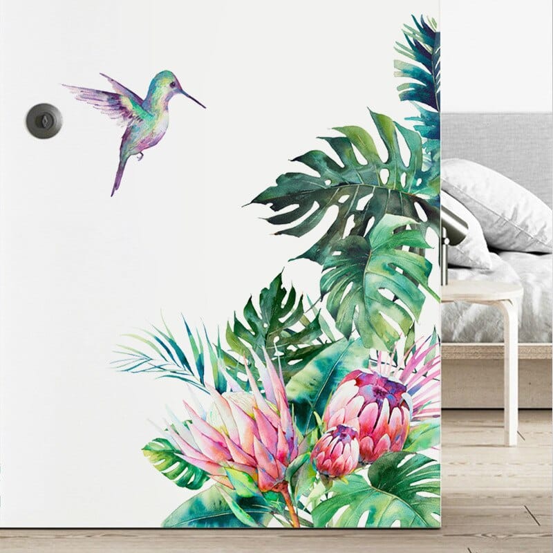 Stickers muraux amovibles avec fleurs et oiseau avec des feuilles tropicales_4