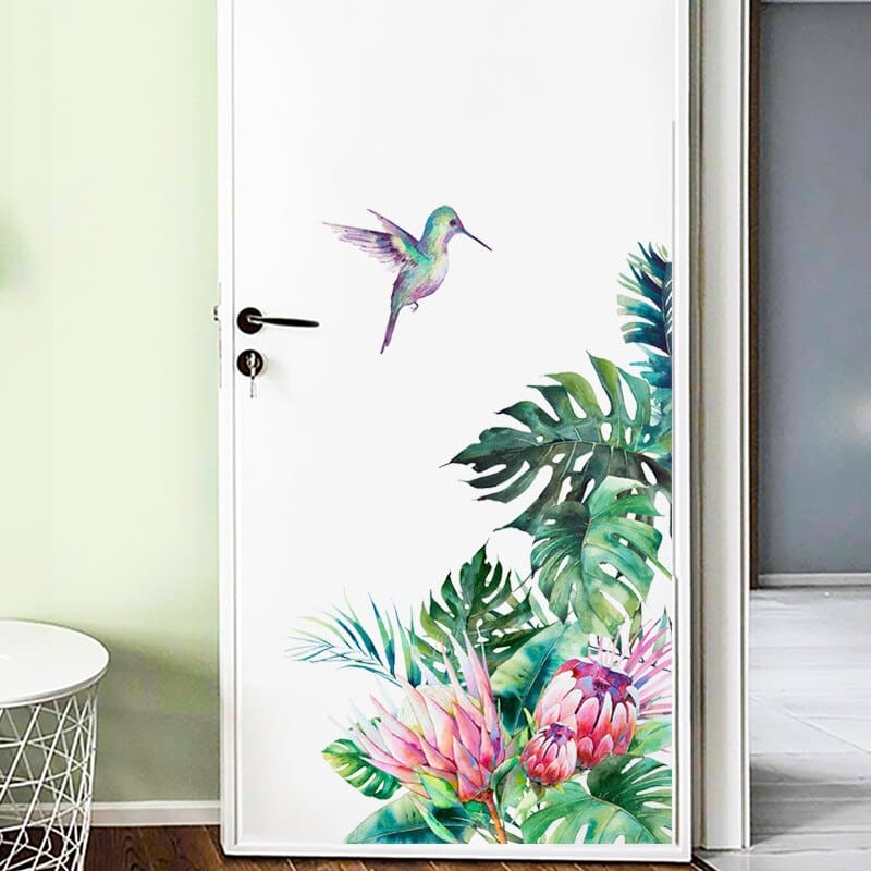 Stickers muraux amovibles avec fleurs et oiseau avec des feuilles tropicales_5