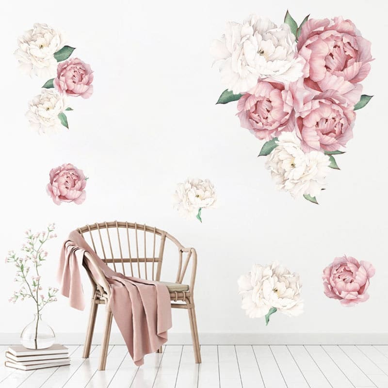 Stickers muraux artistiques imprimés de fleurs rose et blanc de pivoine_1