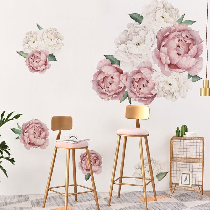 Stickers muraux artistiques imprimés de fleurs rose et blanc de pivoine_2