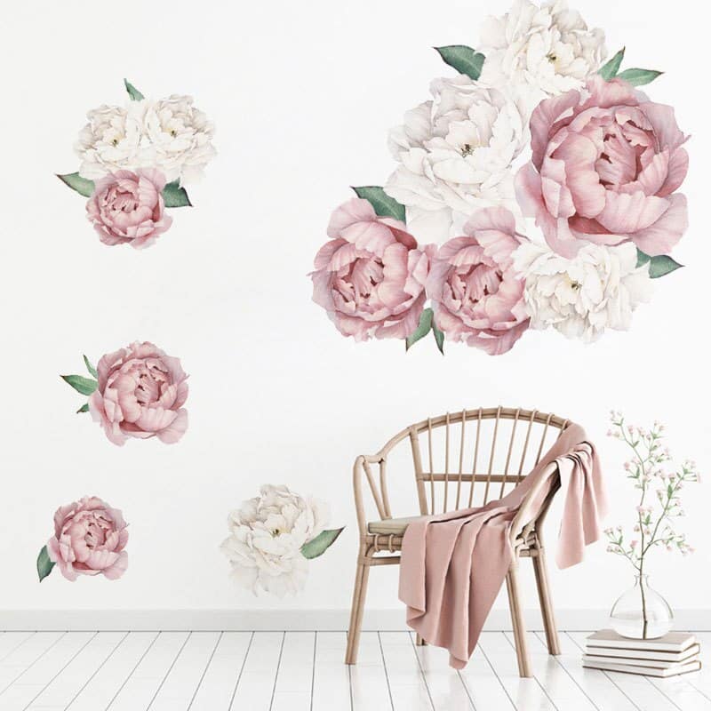 Stickers muraux artistiques imprimés de fleurs rose et blanc de pivoine_4