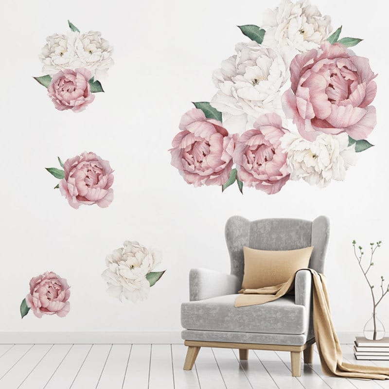 Stickers muraux artistiques imprimés de fleurs rose et blanc de pivoine_5