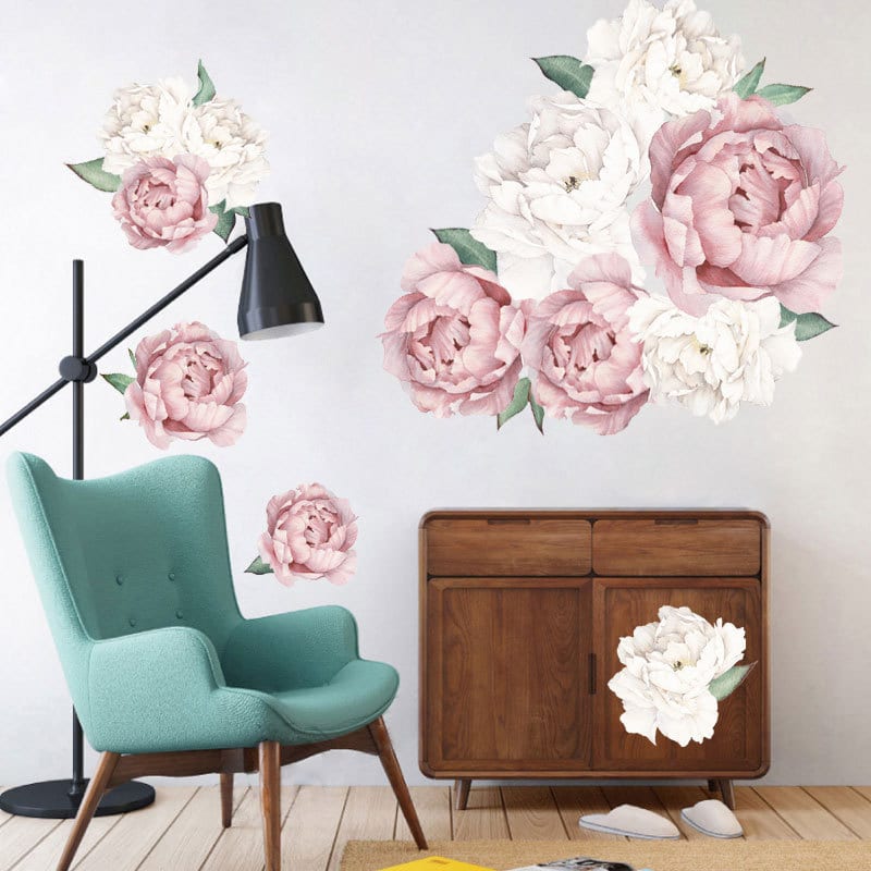 Stickers muraux artistiques imprimés de fleurs rose et blanc de pivoine_7