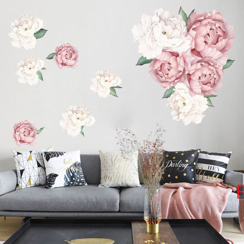 Stickers muraux artistiques imprimés de fleurs rose et blanc de pivoine_8