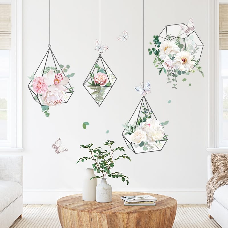 Stickers muraux de panier suspendu avec de fleurs fraîches, idéal pour embellir les murs_2