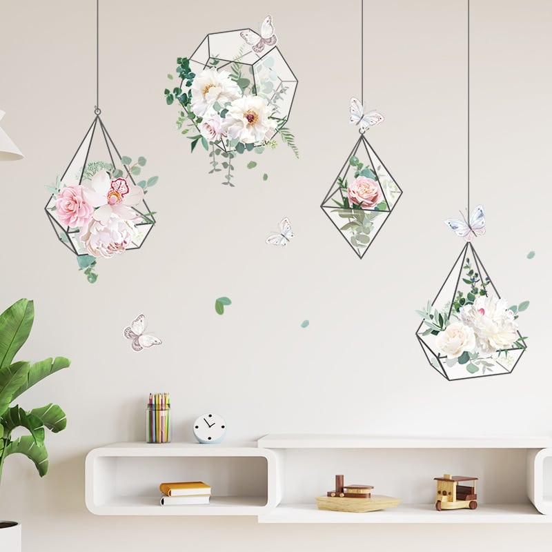 Stickers muraux de panier suspendu avec de fleurs fraîches, idéal pour embellir les murs_4