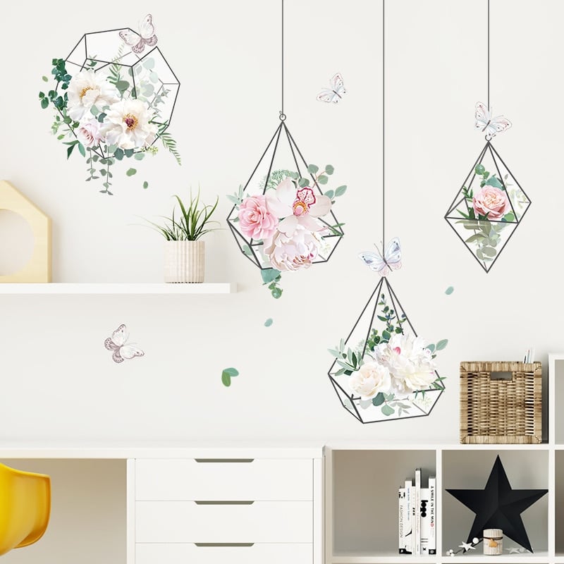 Stickers muraux de panier suspendu avec de fleurs fraîches, idéal pour embellir les murs_5