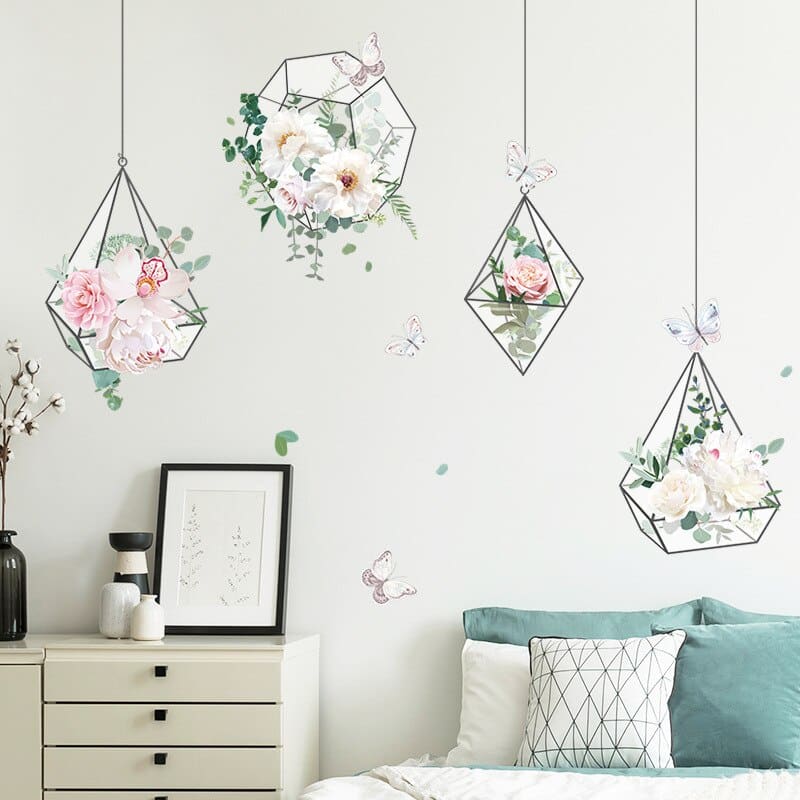 Stickers muraux de panier suspendu avec de fleurs fraîches, idéal pour embellir les murs_6