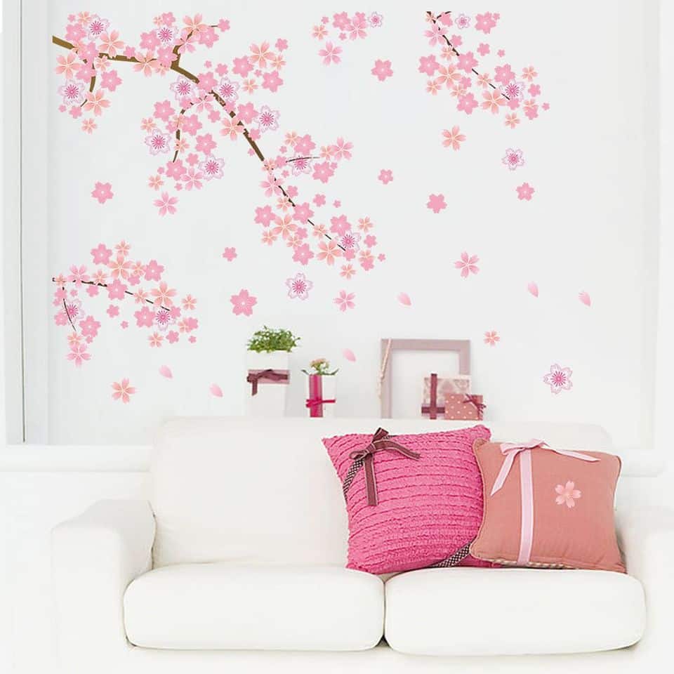 Stickers muraux en fleurs de cerisier rose, branche d'arbre_3