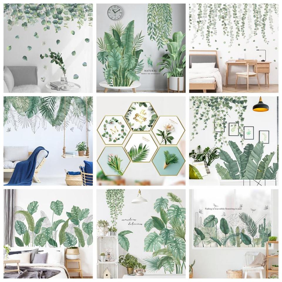 Stickers muraux feuilles vertes pour la maison, plantes tropicales_2