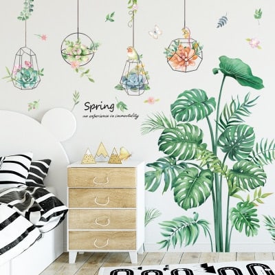 Stickers muraux imprimés de plantes tropicales vertes, décoration à motif de forêt de style nordique_14
