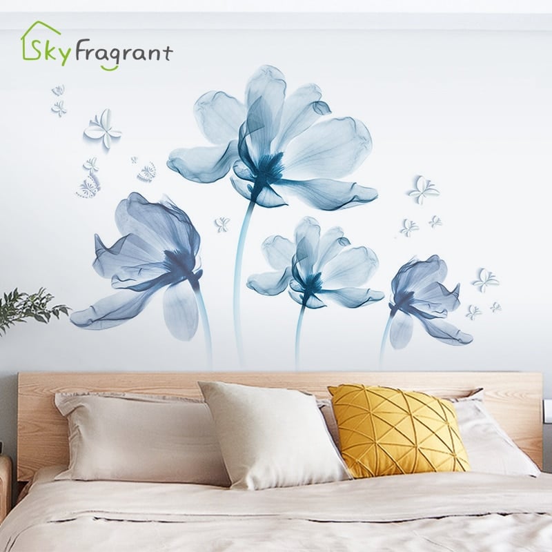 Stickers muraux romantiques de fleurs bleues, autocollant auto-adhésif_16