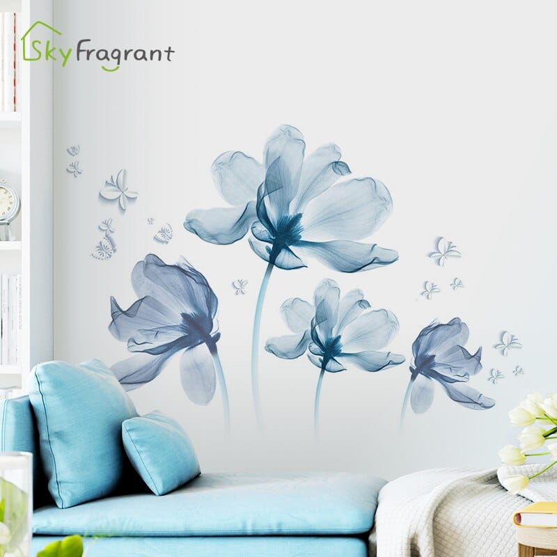 Stickers muraux romantiques de fleurs bleues, autocollant auto-adhésif_19