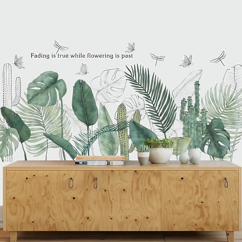 Stickers muraux imprimés de plantes tropicales vertes, décoration à motif de forêt de style nordique